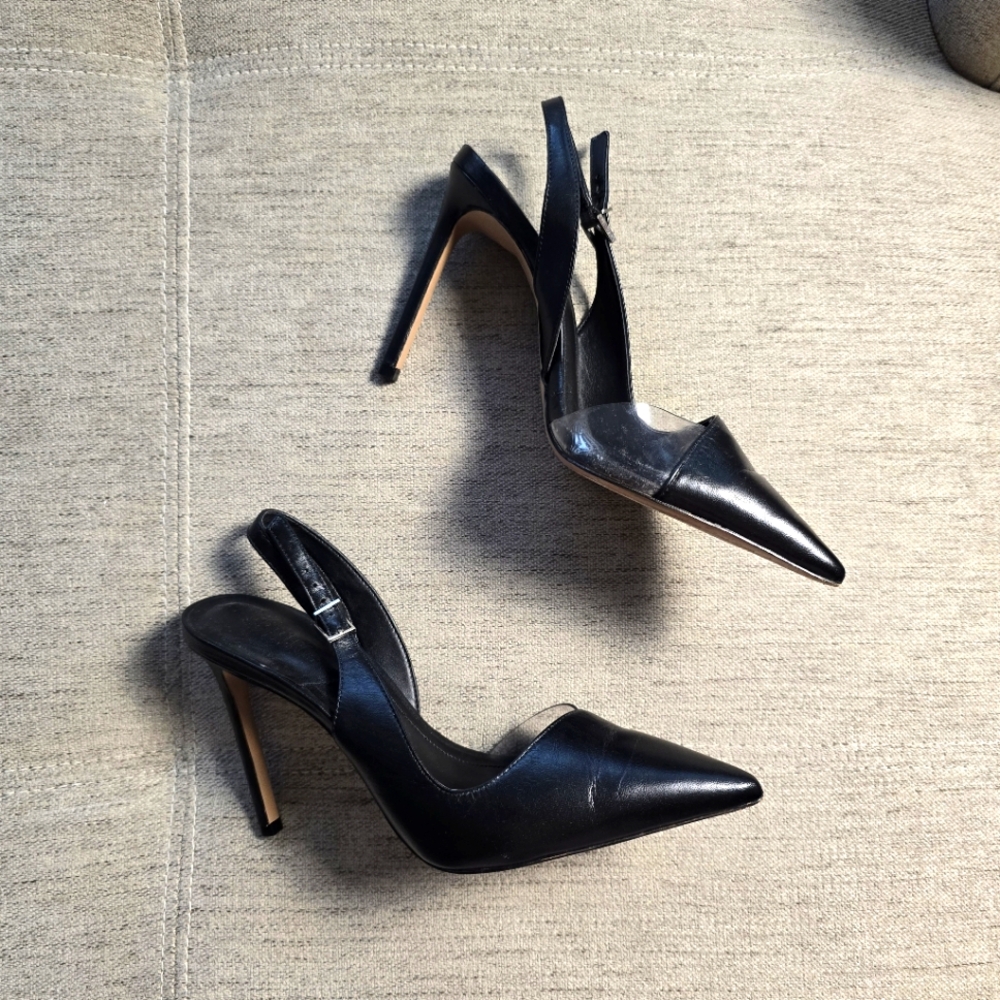 Schutz • Emma Black Leather and Clear Vinyl Pointed-Toe Slingback Pumps Sz 8 - Picture 3 of 11